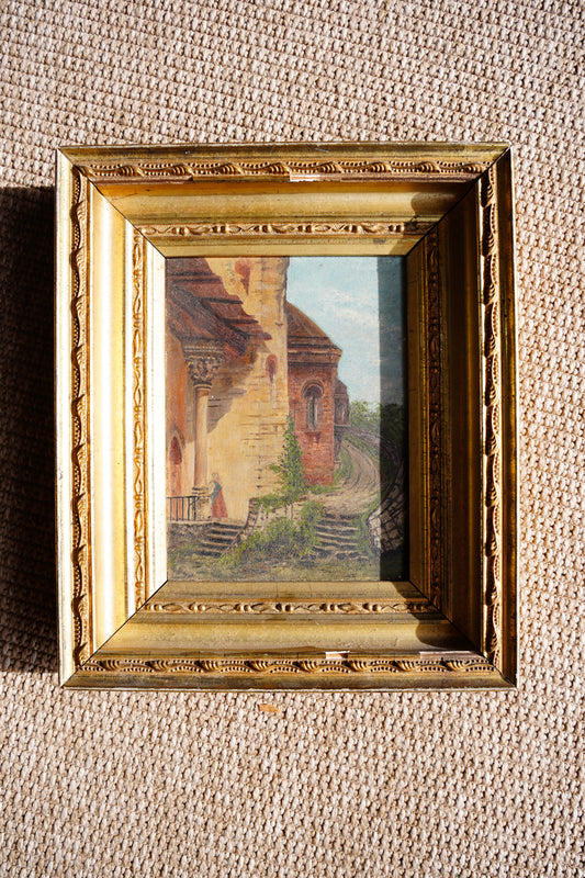 Antique English Village Lane Oil Painting on Panel