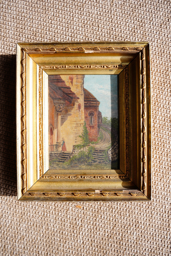 Antique English Village Lane Oil Painting on Panel
