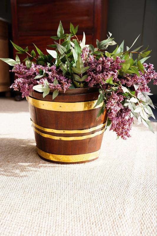 Antique English Mahogany Brass Bound Wood Bucket Planter
