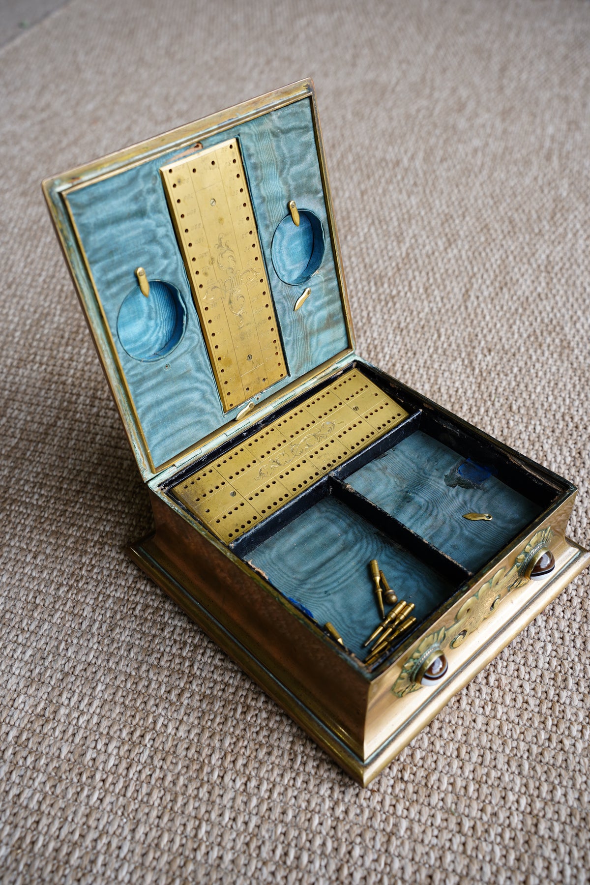 Victorian Gilt Brass Bézique Games Box with Agate Cabochons, Circa 1870