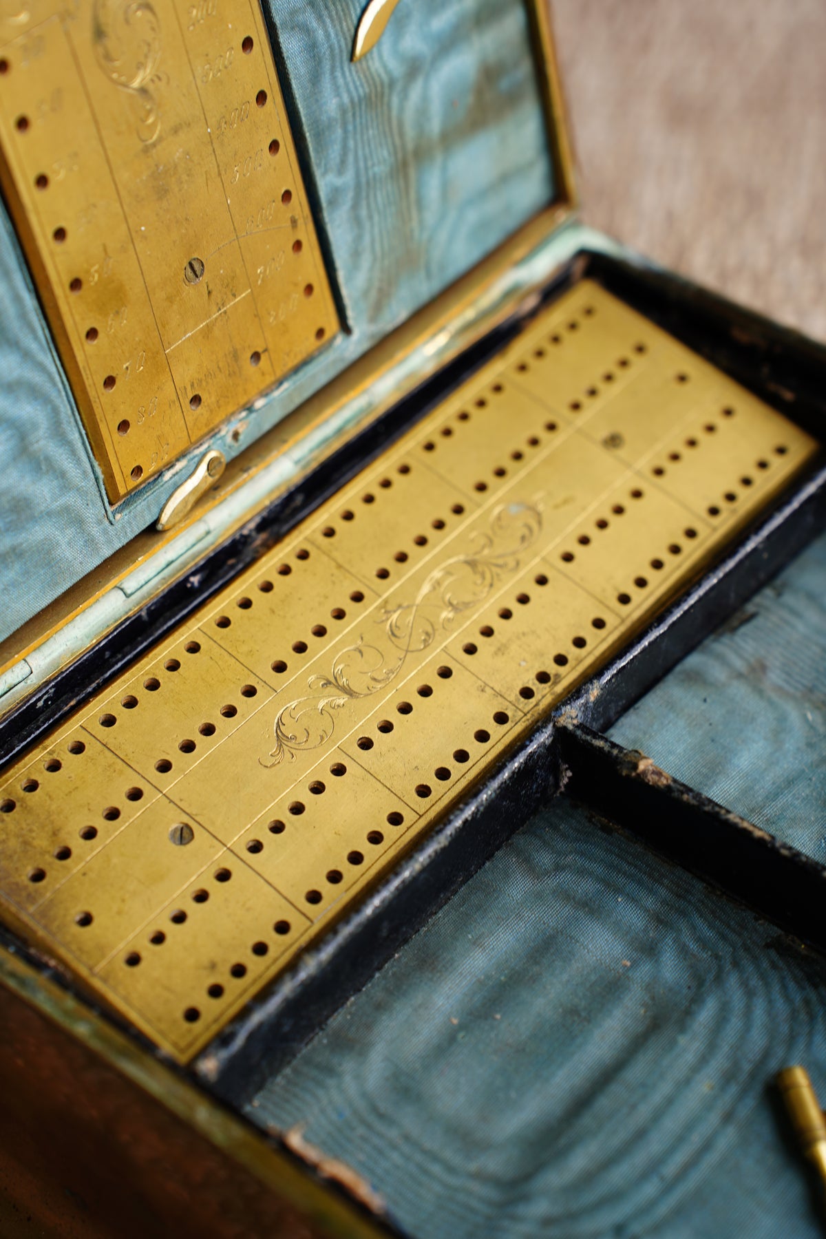 Victorian Gilt Brass Bézique Games Box with Agate Cabochons, Circa 1870