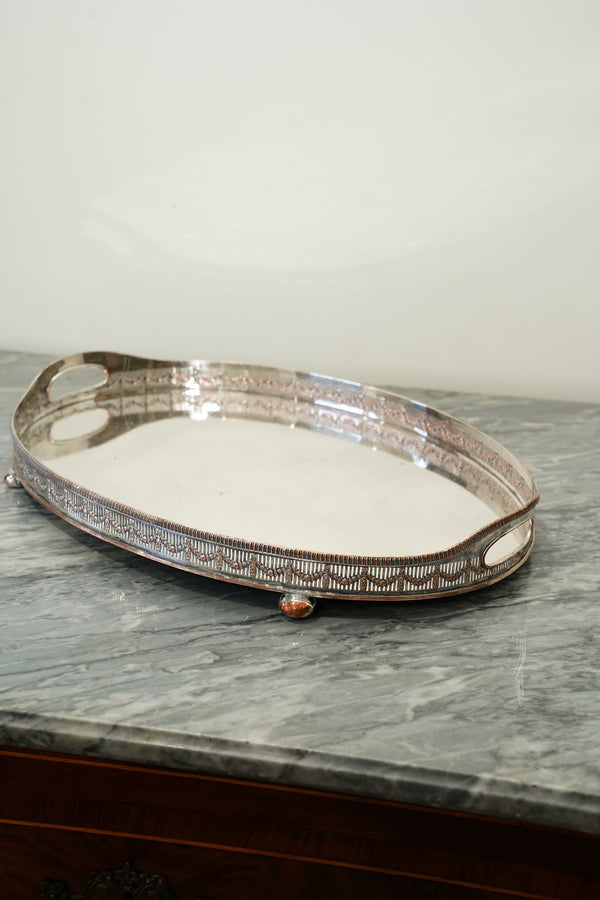 Antique Silver Plate Gallery Tray, Oval Serving Tray