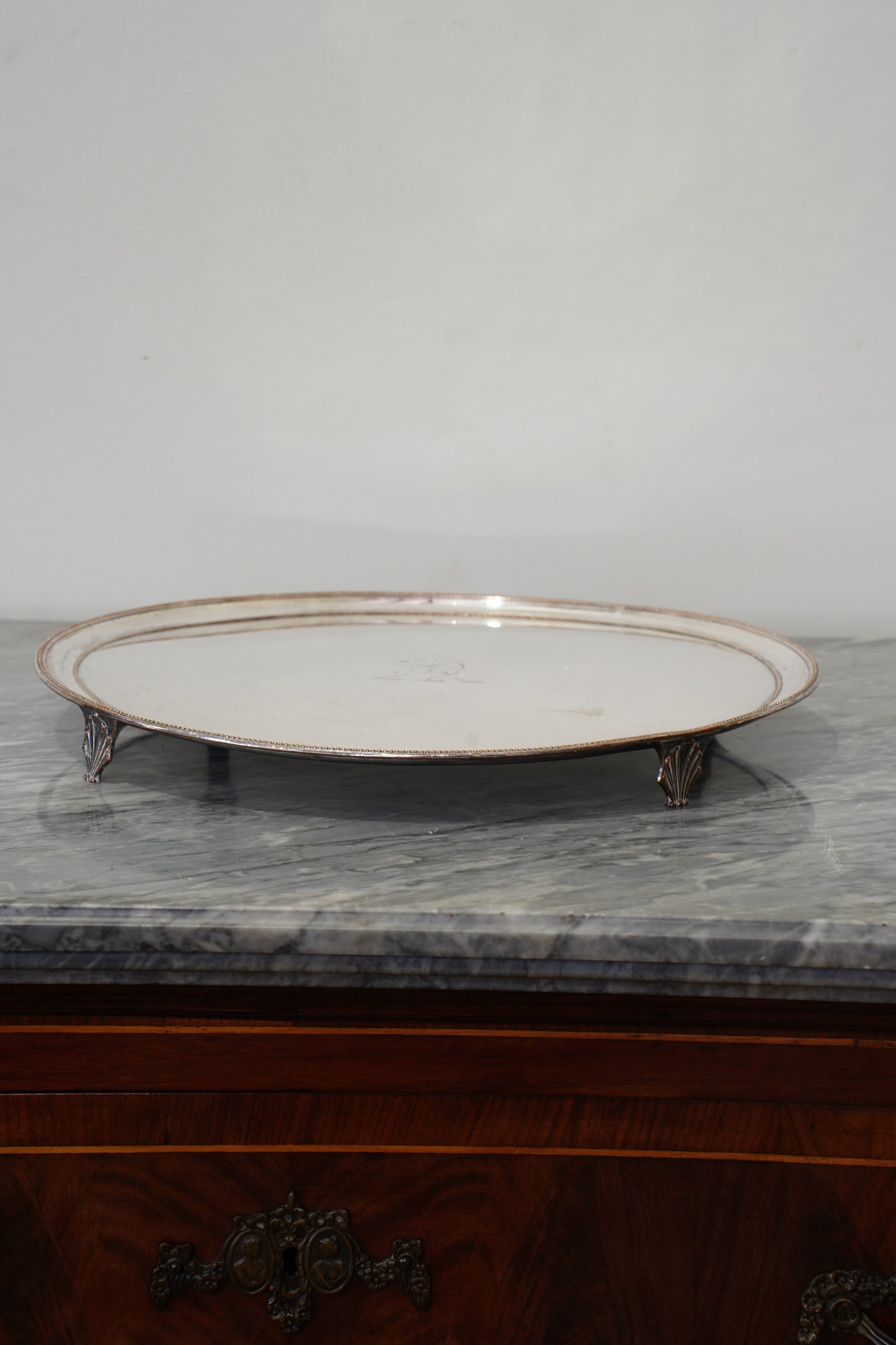 Vintage Round Silver Plate Serving Tray with Lion Crest, English