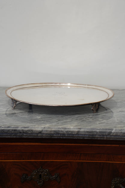 Vintage Round Silver Plate Serving Tray with Lion Crest, English