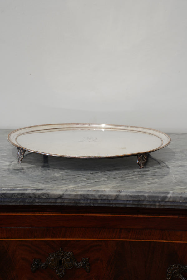 Vintage Round Silver Plate Serving Tray with Lion Crest, English