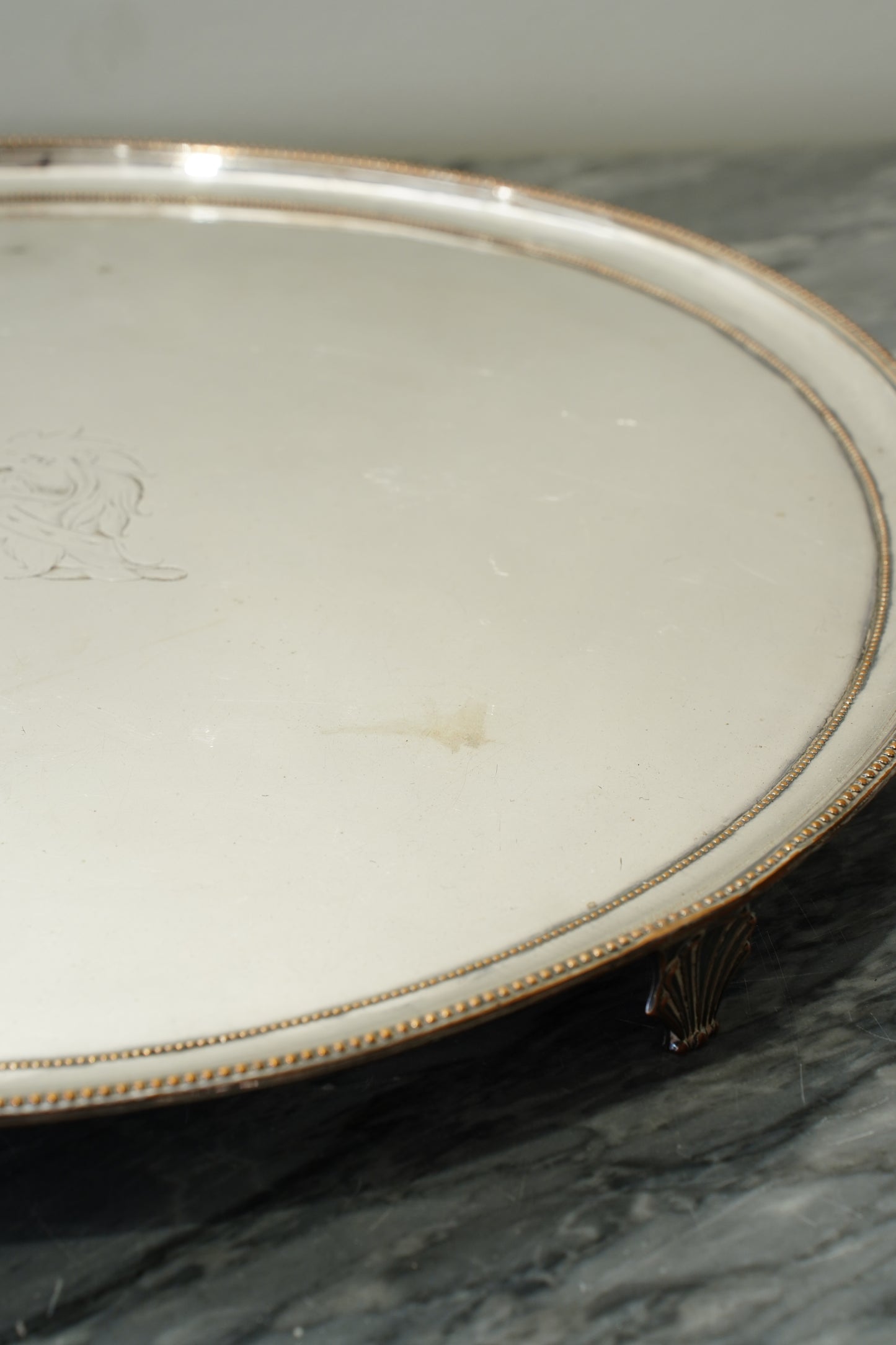Vintage Round Silver Plate Serving Tray with Lion Crest, English