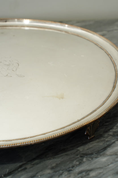 Vintage Round Silver Plate Serving Tray with Lion Crest, English