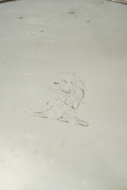 Vintage Round Silver Plate Serving Tray with Lion Crest, English