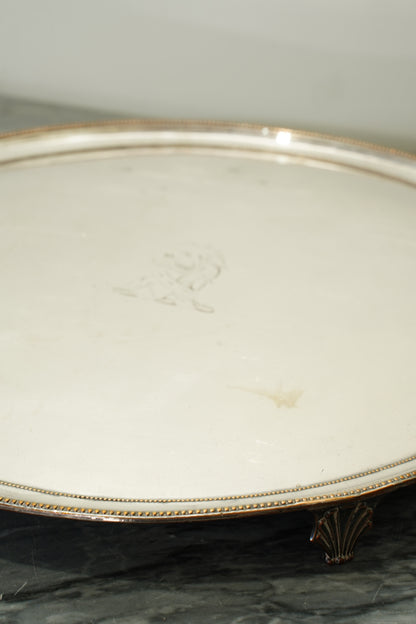 Vintage Round Silver Plate Serving Tray with Lion Crest, English