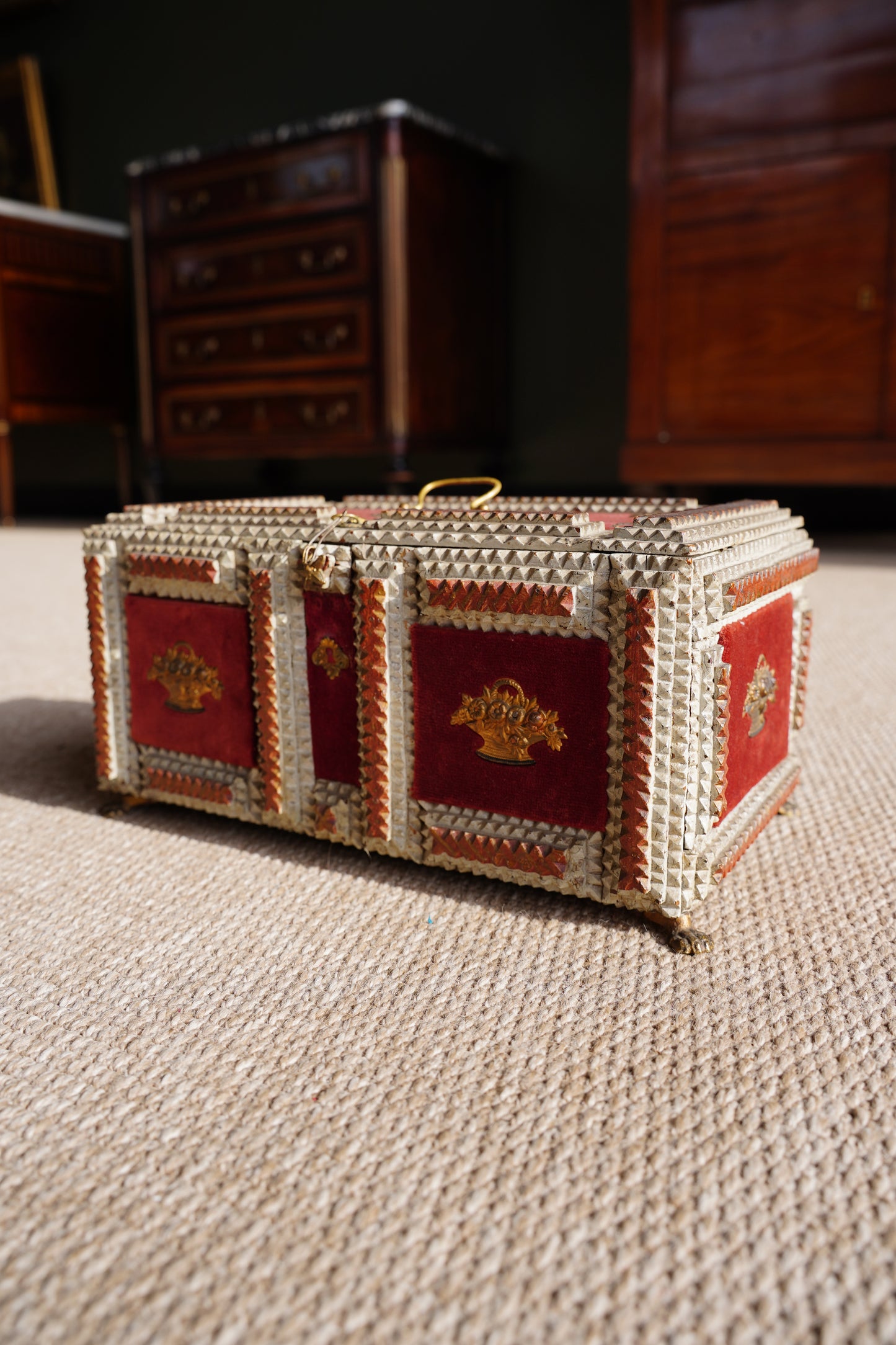 Antique Tramp Art Box, Red Velvet and Gilt Baskets, Circa 1900