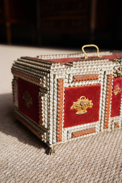 Antique Tramp Art Box, Red Velvet and Gilt Baskets, Circa 1900