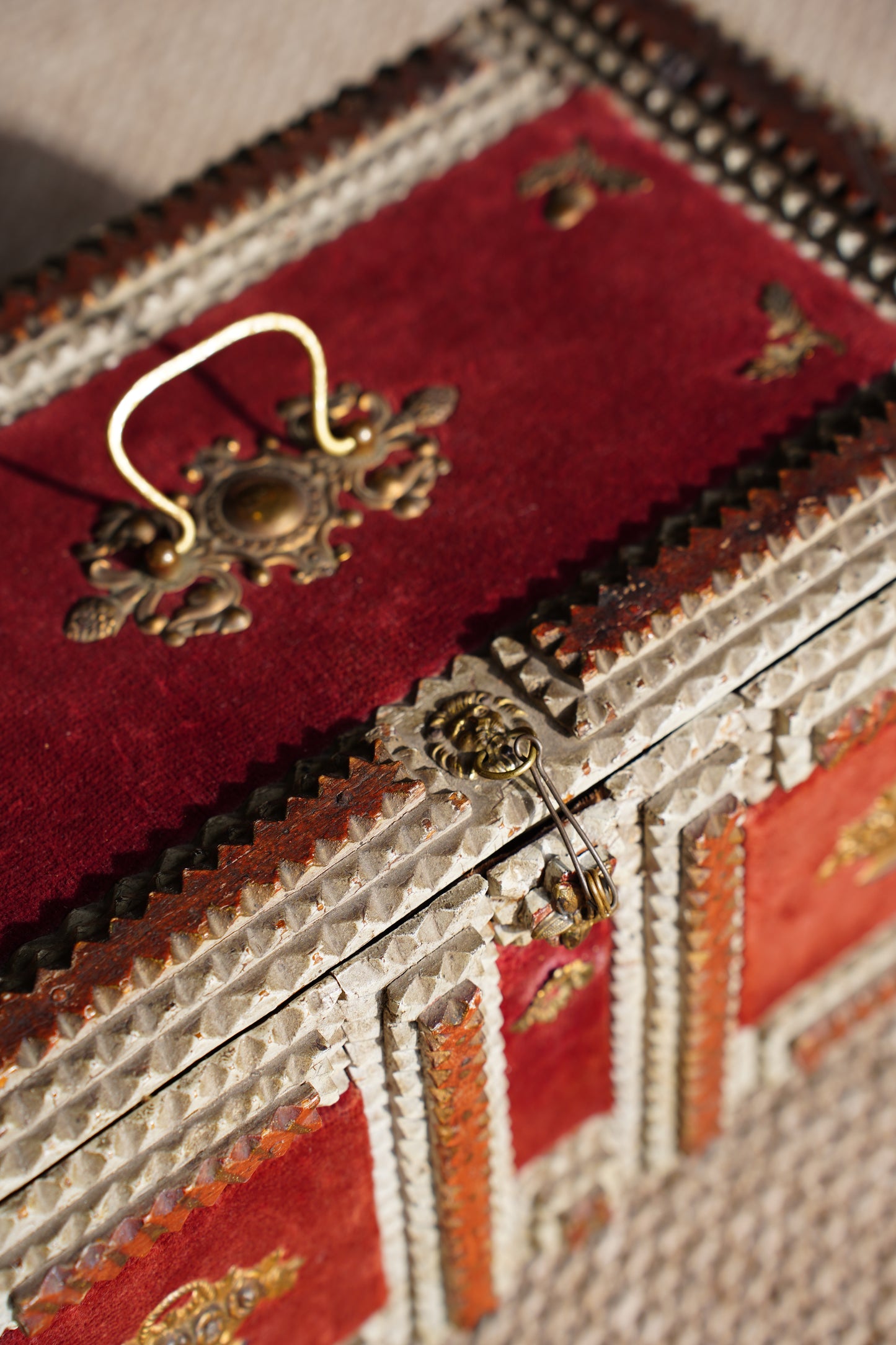 Antique Tramp Art Box, Red Velvet and Gilt Baskets, Circa 1900