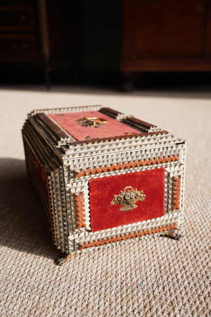 Antique Tramp Art Box, Red Velvet and Gilt Baskets, Circa 1900
