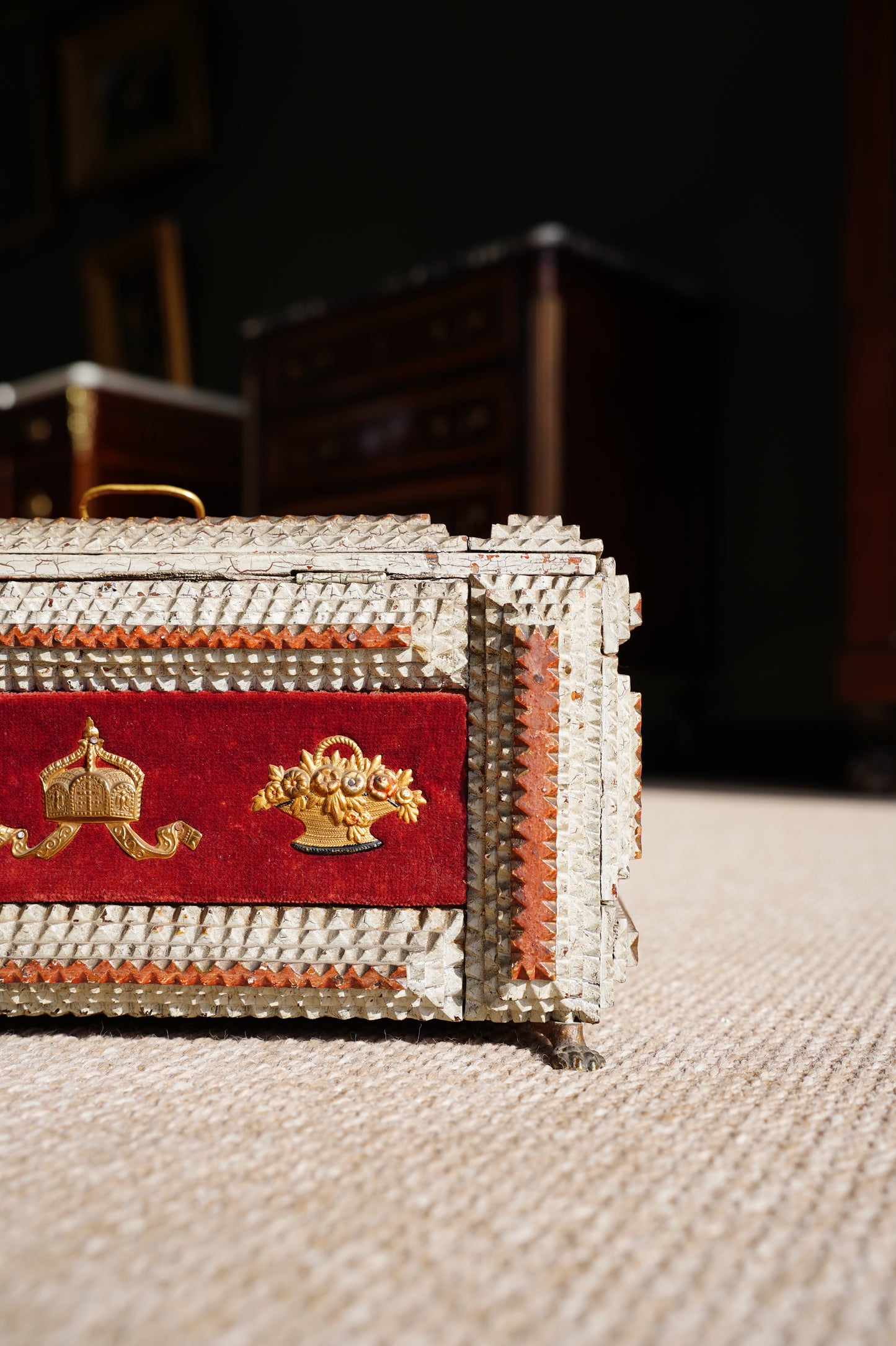 Antique Tramp Art Box, Red Velvet and Gilt Baskets, Circa 1900