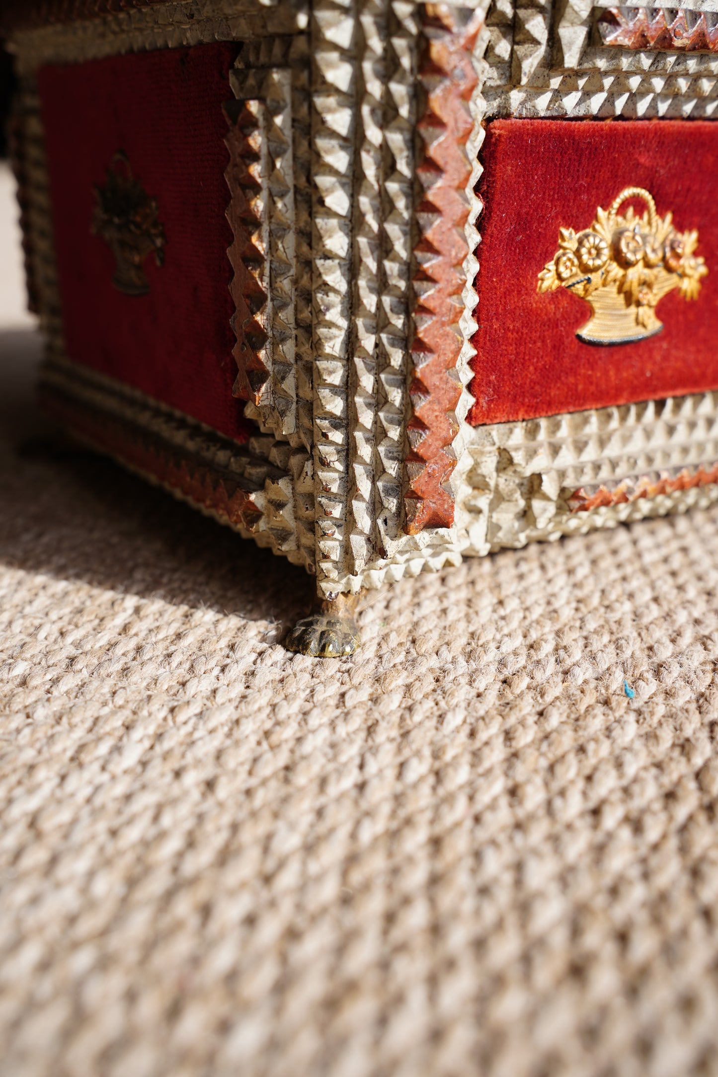 Antique Tramp Art Box, Red Velvet and Gilt Baskets, Circa 1900