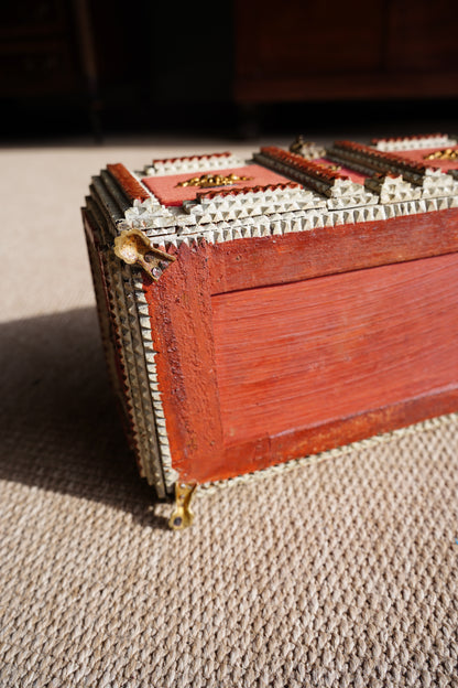 Antique Tramp Art Box, Red Velvet and Gilt Baskets, Circa 1900