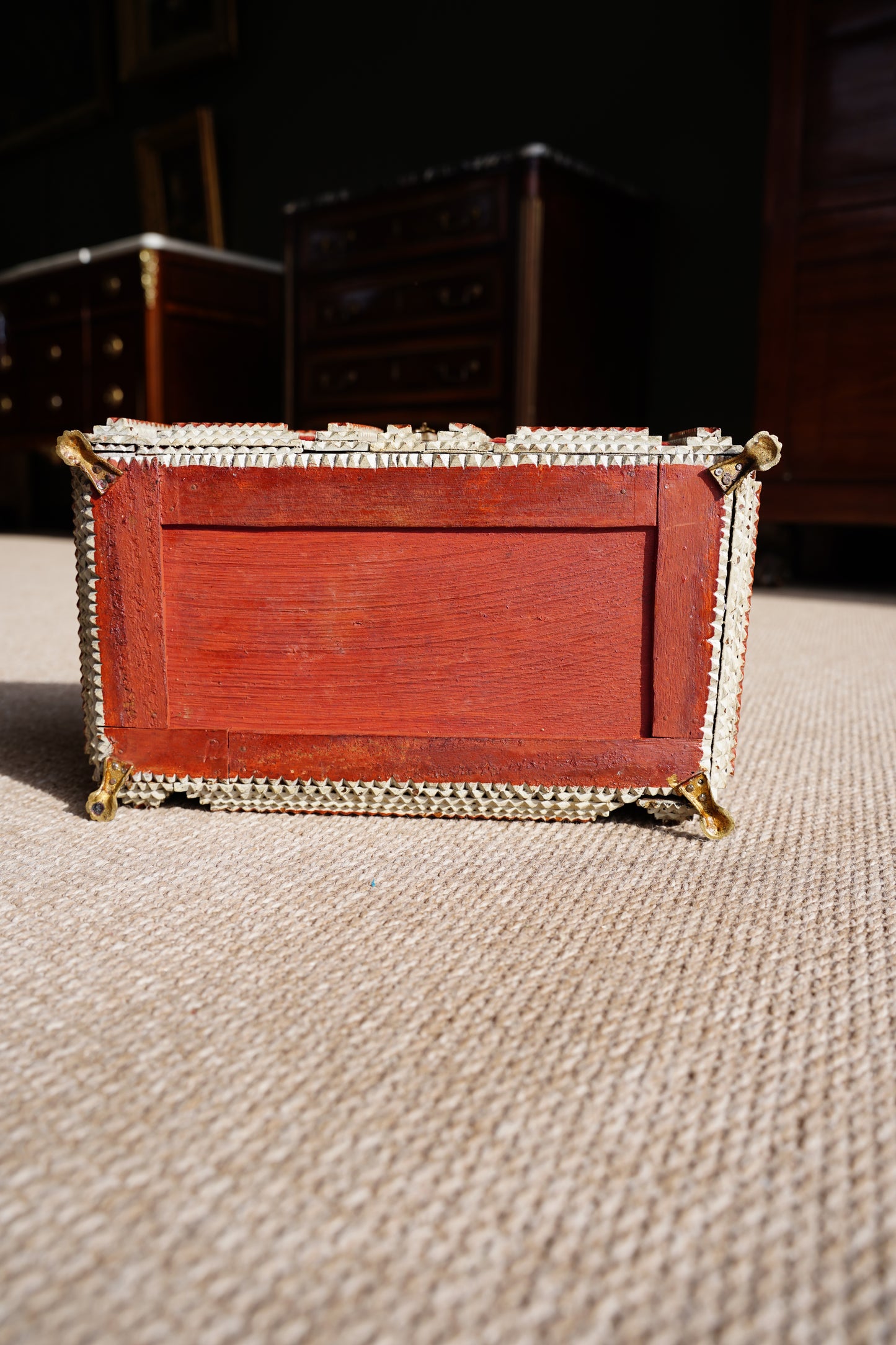 Antique Tramp Art Box, Red Velvet and Gilt Baskets, Circa 1900