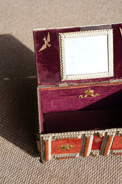Antique Tramp Art Box, Red Velvet and Gilt Baskets, Circa 1900