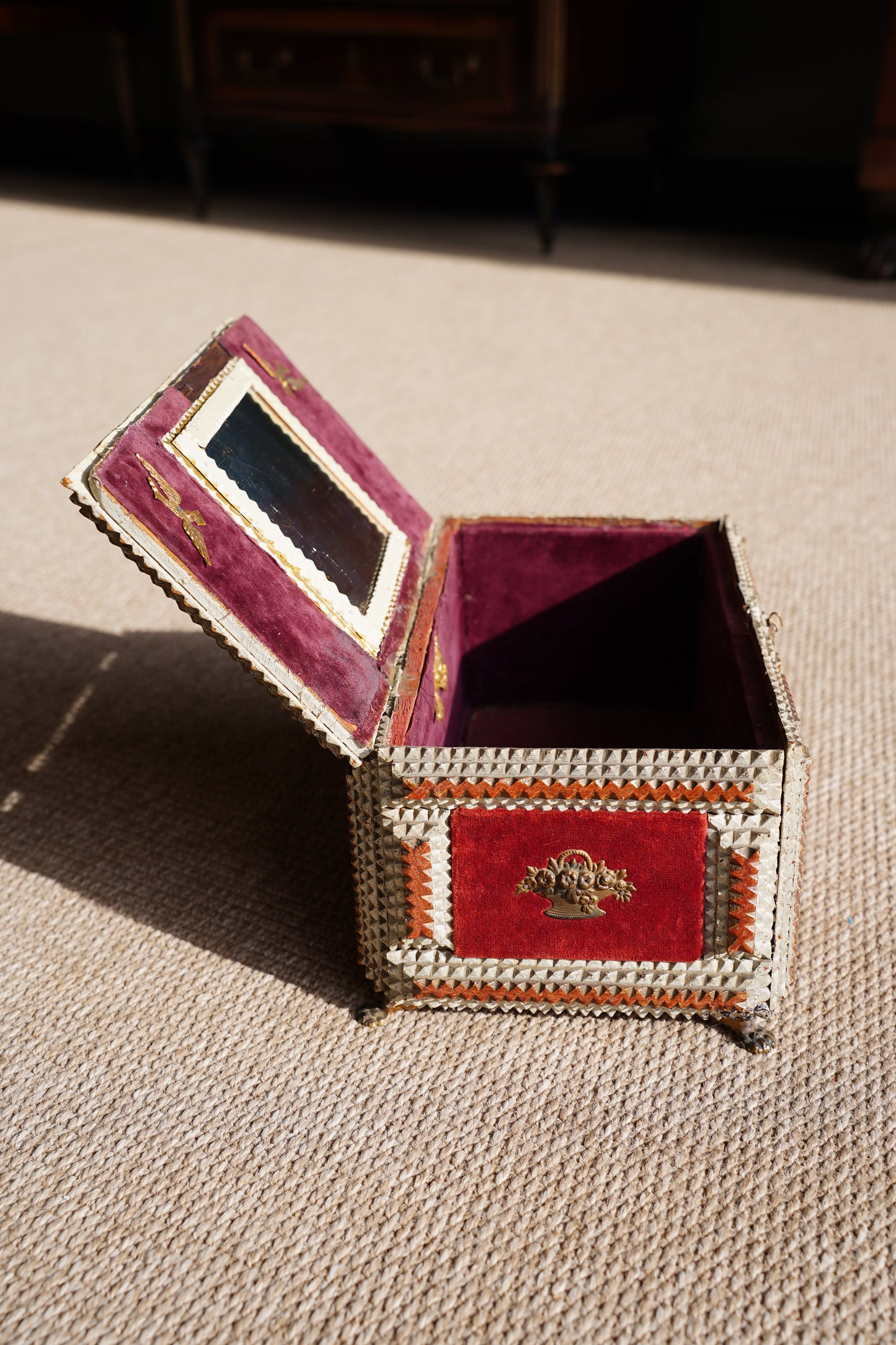 Antique Tramp Art Box, Red Velvet and Gilt Baskets, Circa 1900