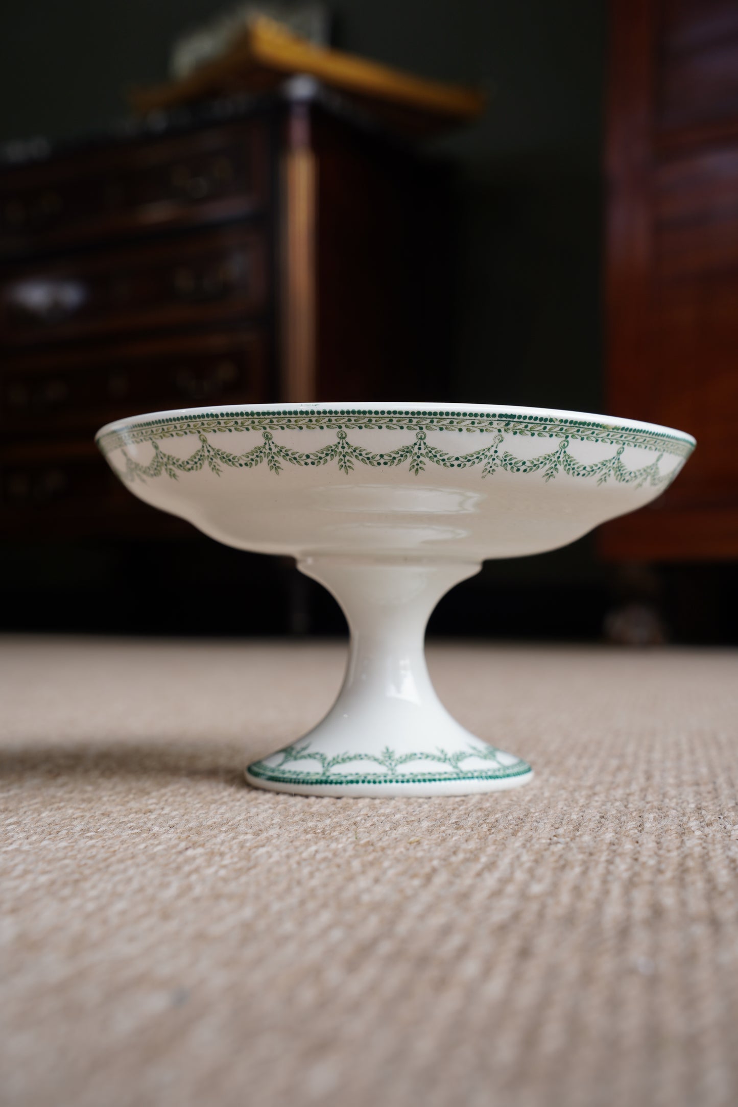 *RESERVED* Antique Green Transferware Compote, Belgian Faience