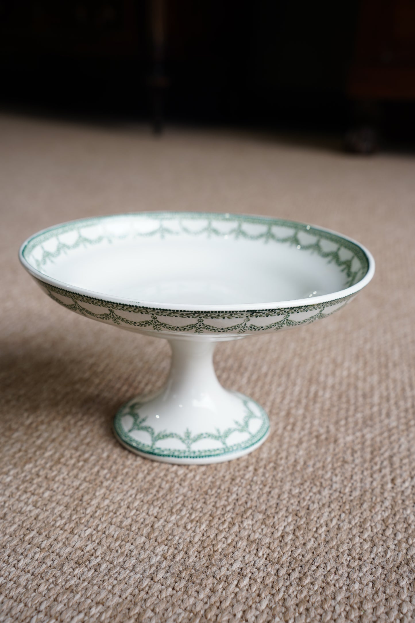*RESERVED* Antique Green Transferware Compote, Belgian Faience