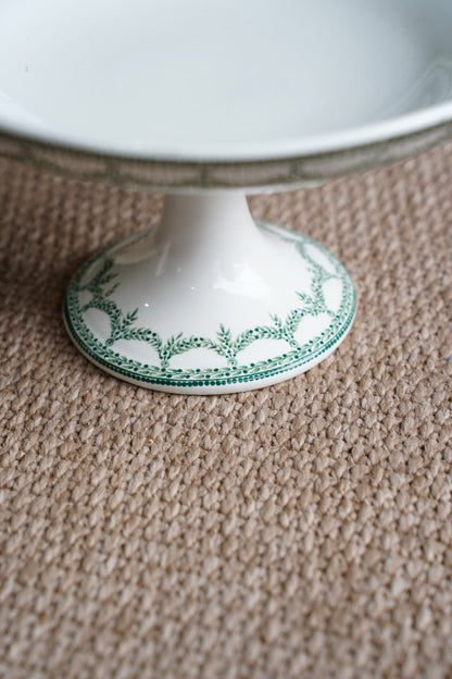 *RESERVED* Antique Green Transferware Compote, Belgian Faience