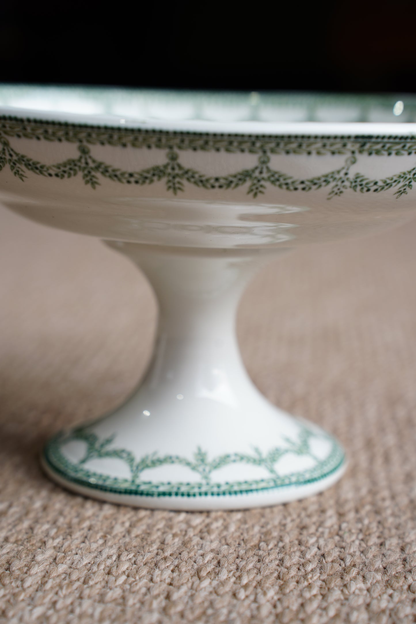*RESERVED* Antique Green Transferware Compote, Belgian Faience