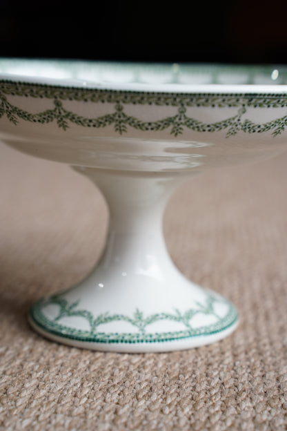 *RESERVED* Antique Green Transferware Compote, Belgian Faience