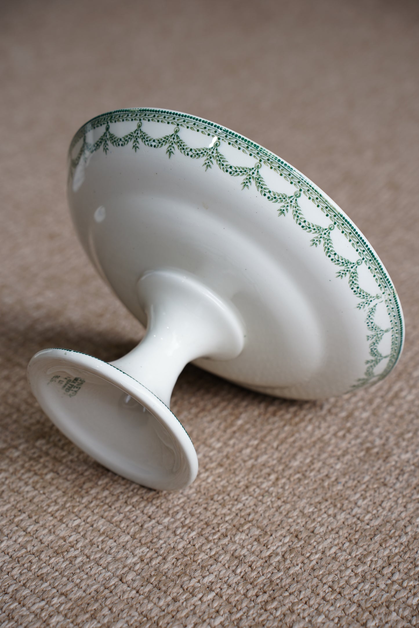 *RESERVED* Antique Green Transferware Compote, Belgian Faience