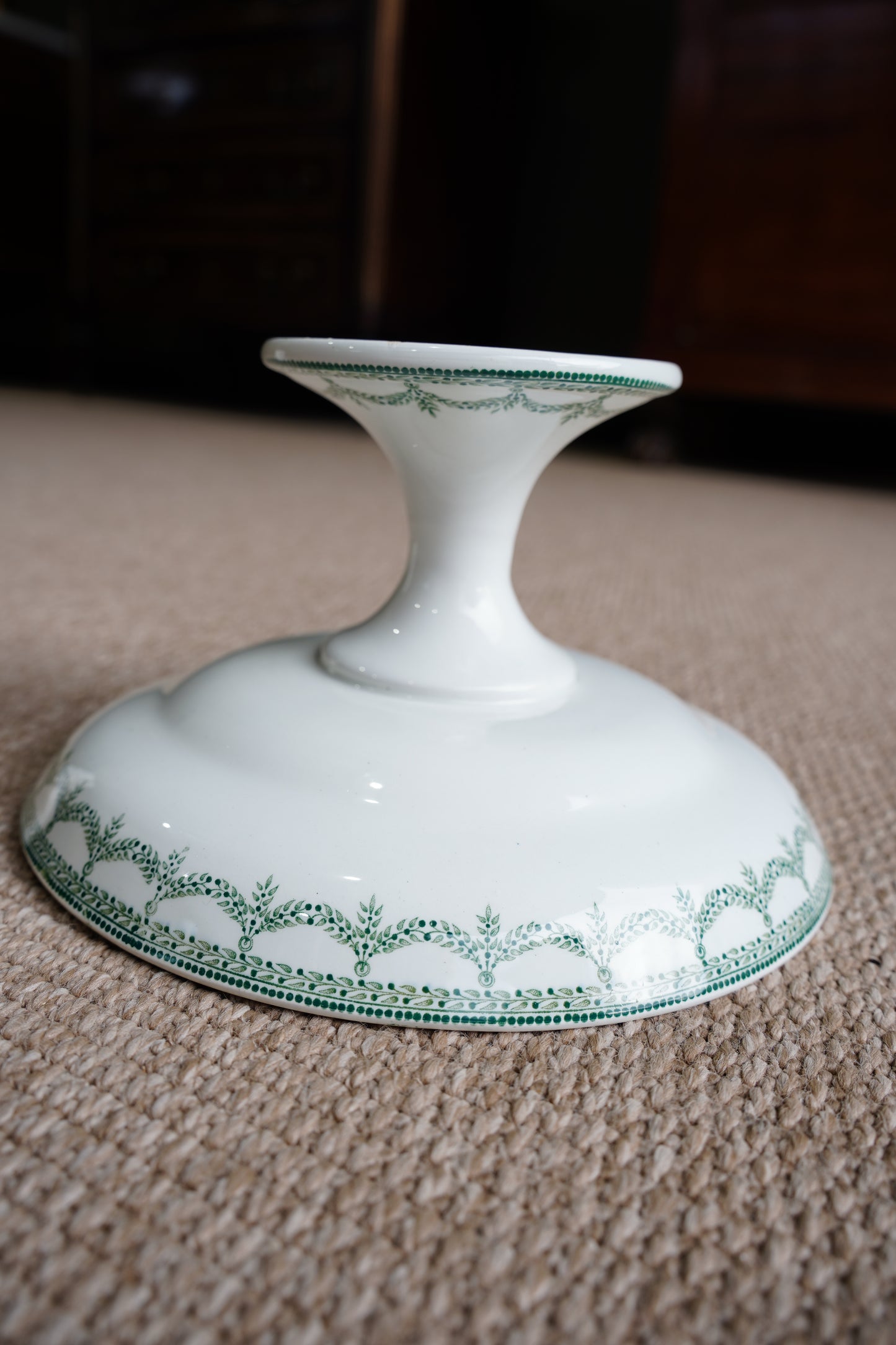 *RESERVED* Antique Green Transferware Compote, Belgian Faience