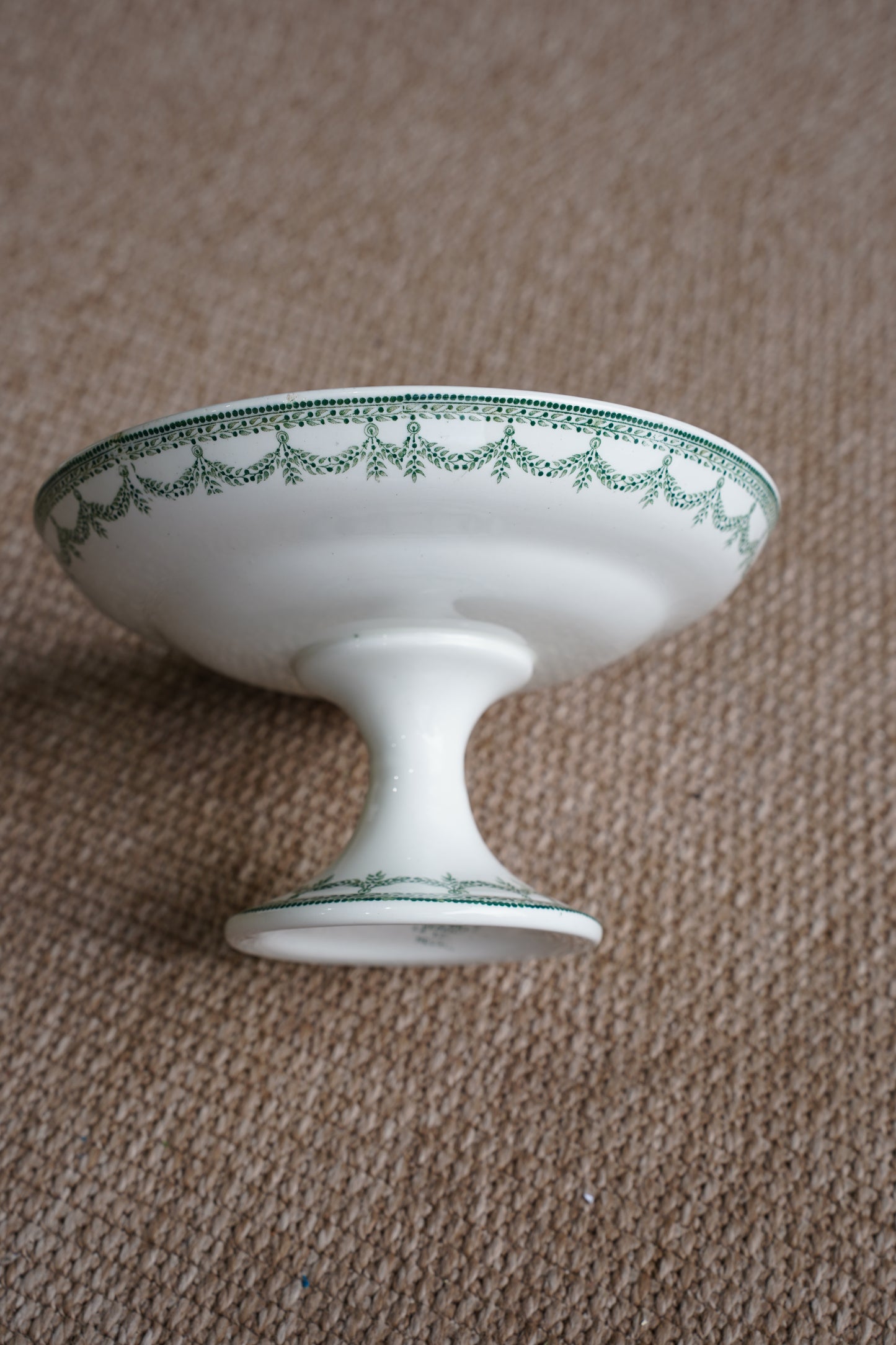 *RESERVED* Antique Green Transferware Compote, Belgian Faience