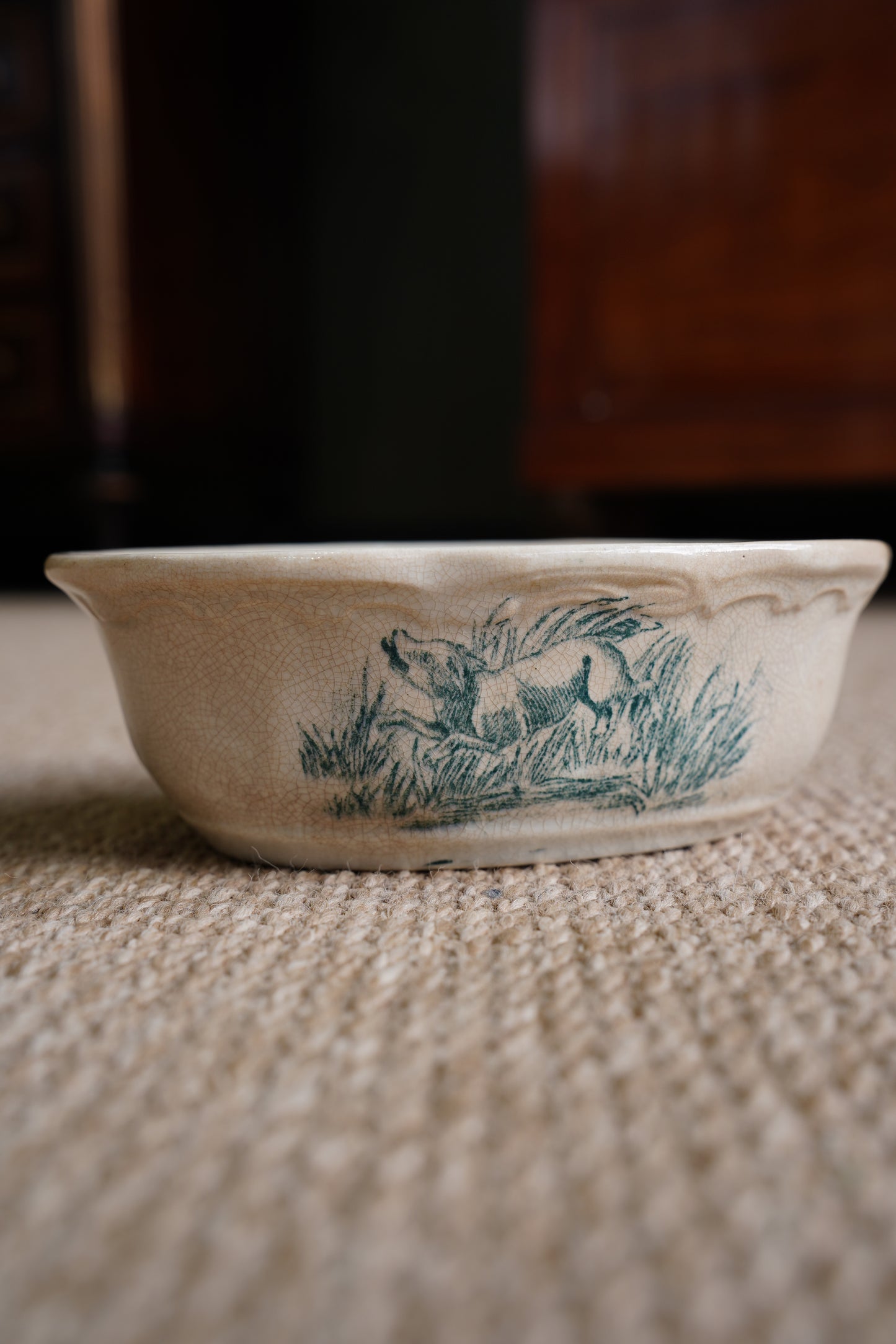 Vintage French Faience Soap Dish, Boar Hunting Transfer