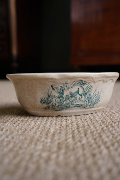 Vintage French Faience Soap Dish, Boar Hunting Transfer