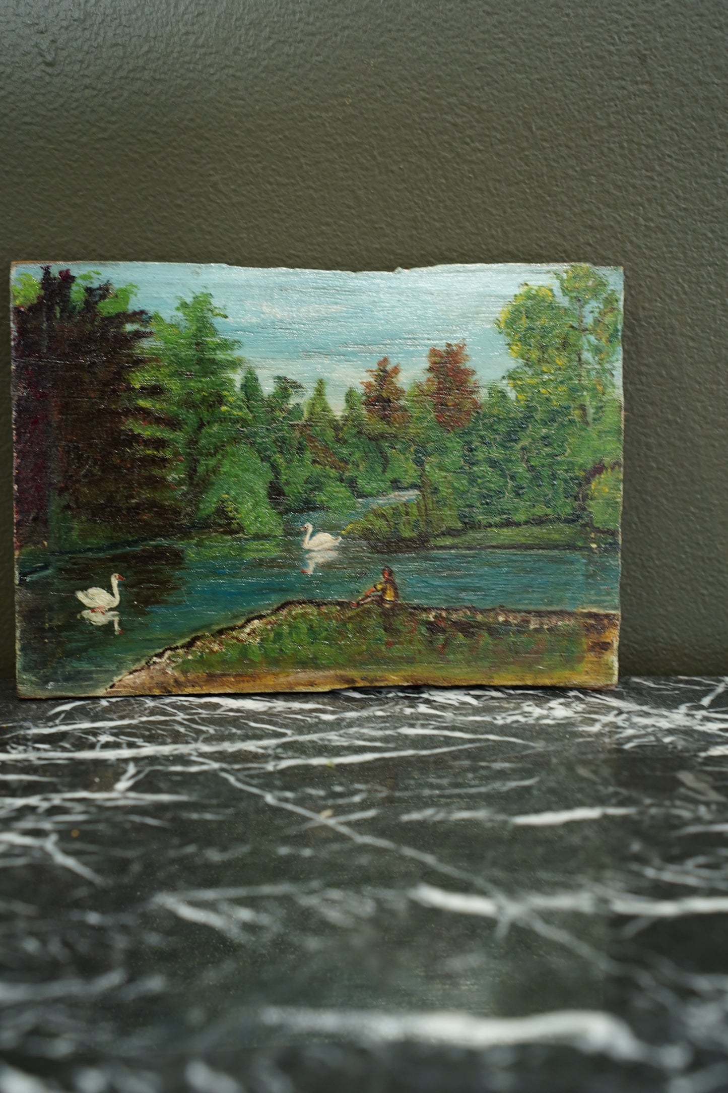 Vintage European Swan Lake Oil Painting, Unframed
