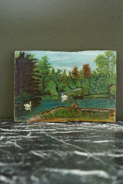 Vintage European Swan Lake Oil Painting, Unframed