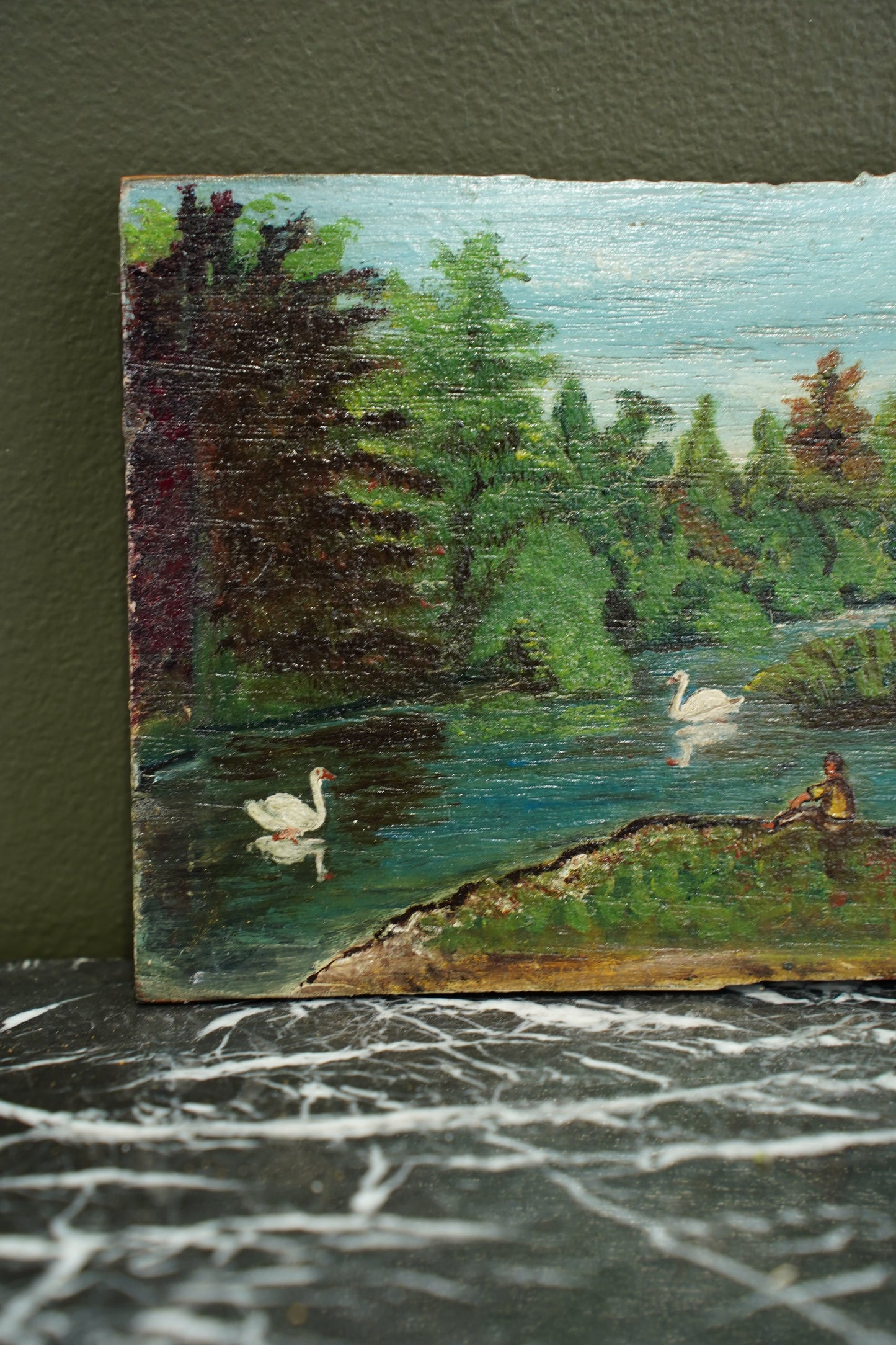 Vintage European Swan Lake Oil Painting, Unframed