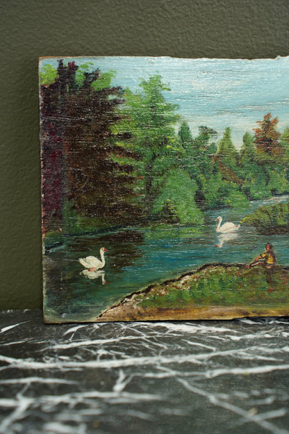 Vintage European Swan Lake Oil Painting, Unframed