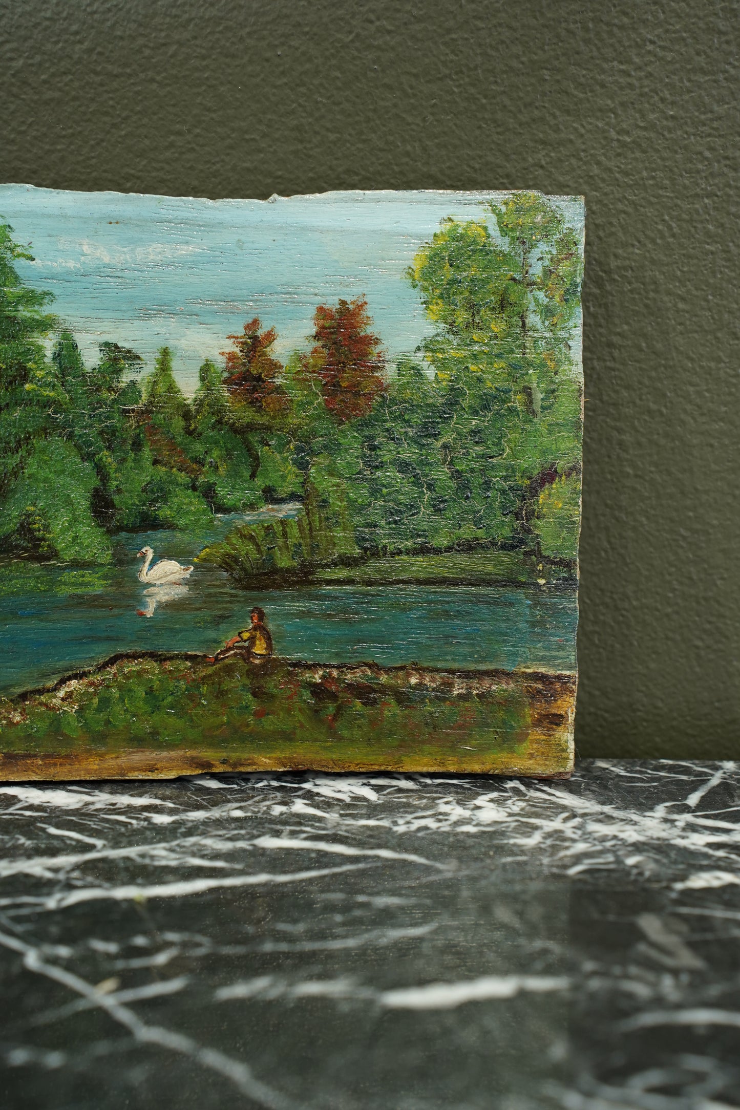 Vintage European Swan Lake Oil Painting, Unframed