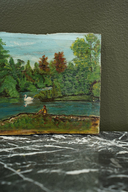 Vintage European Swan Lake Oil Painting, Unframed