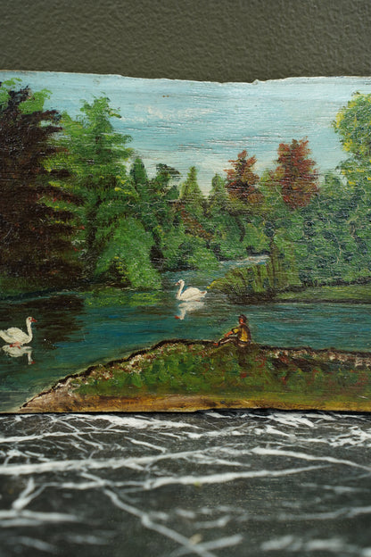Vintage European Swan Lake Oil Painting, Unframed
