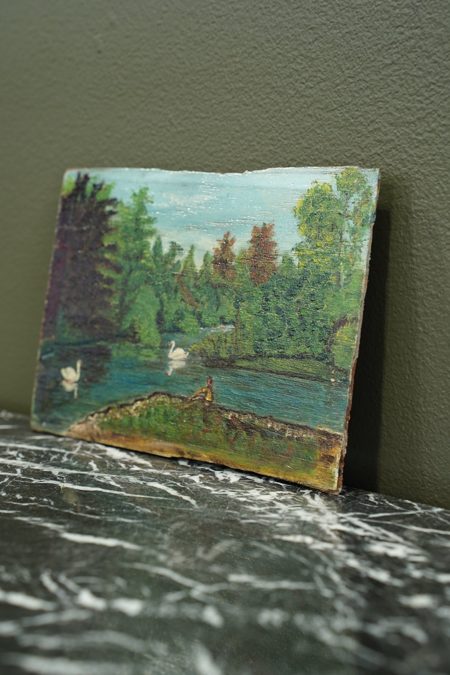Vintage European Swan Lake Oil Painting, Unframed