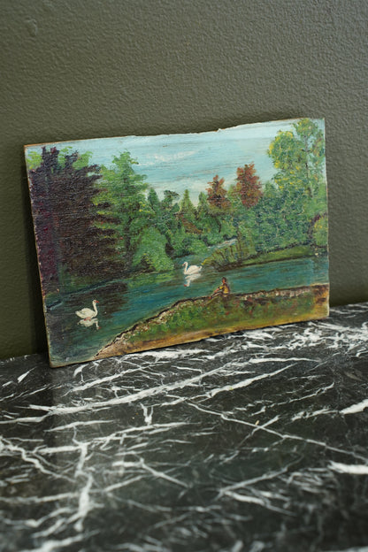 Vintage European Swan Lake Oil Painting, Unframed