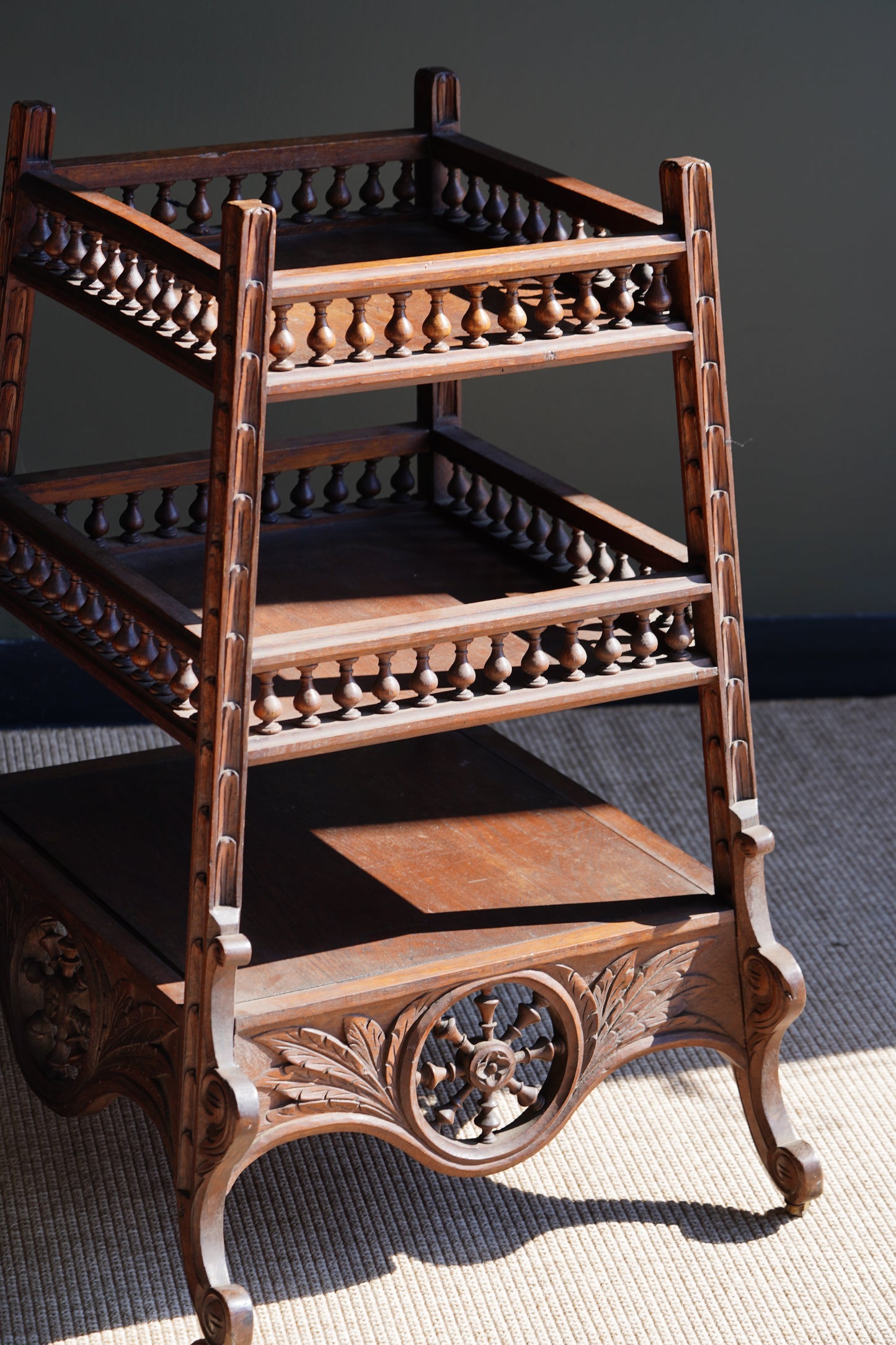 Antique Breton Oak Etagere with Carved Ship Wheel, Circa 1890