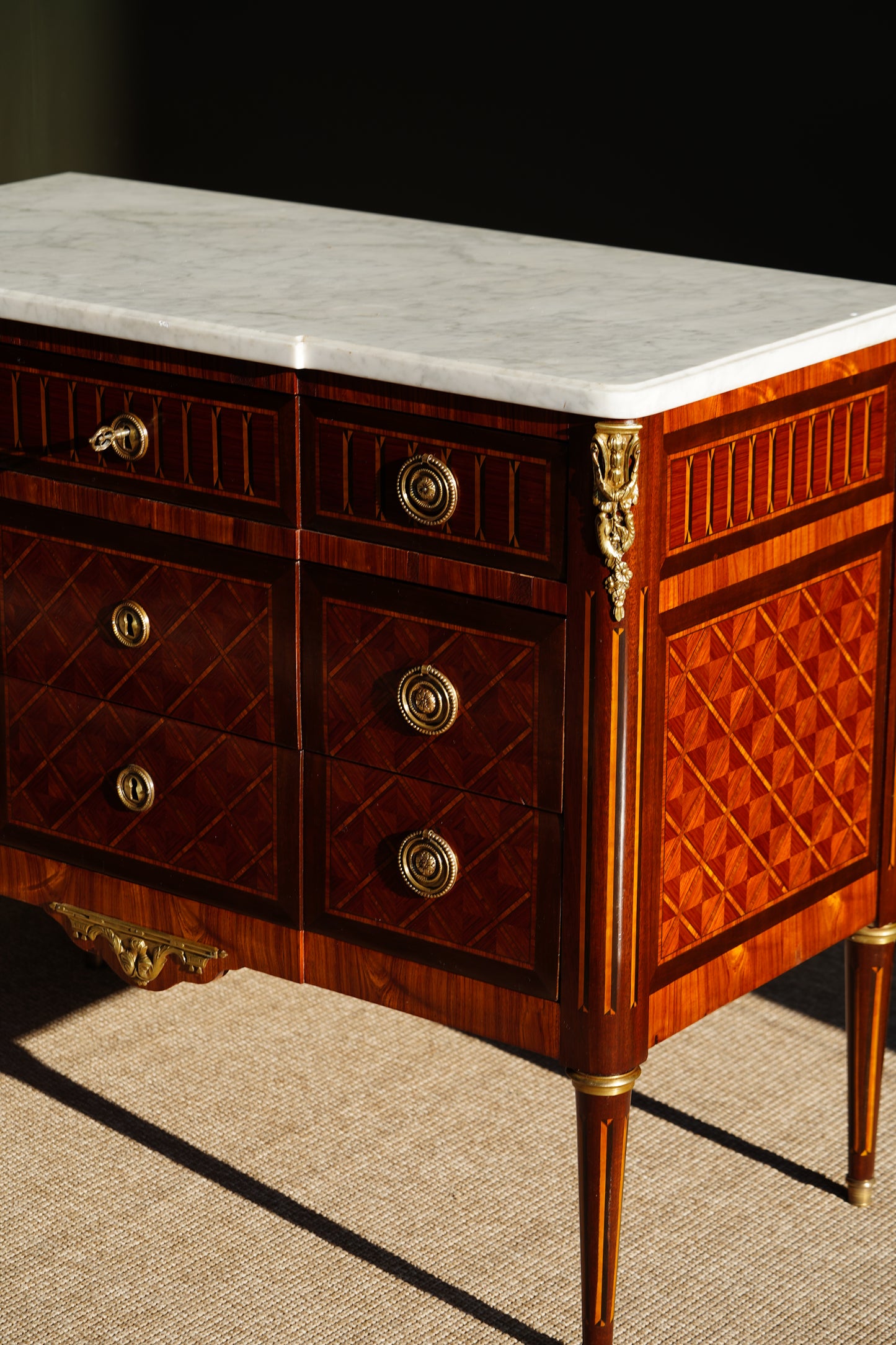 Antique French Louis XVI Parquetry Commode with Marble Top