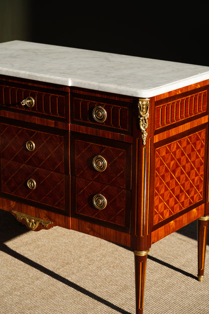 Antique French Louis XVI Parquetry Commode with Marble Top
