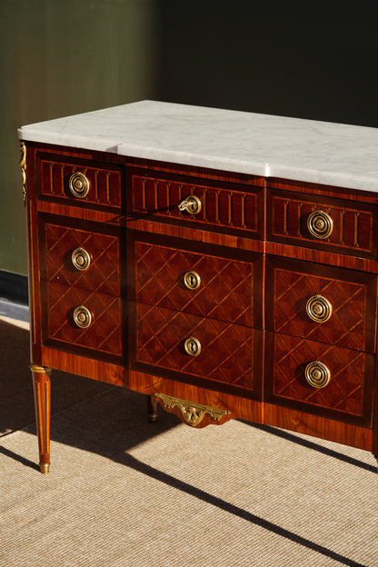Antique French Louis XVI Parquetry Commode with Marble Top