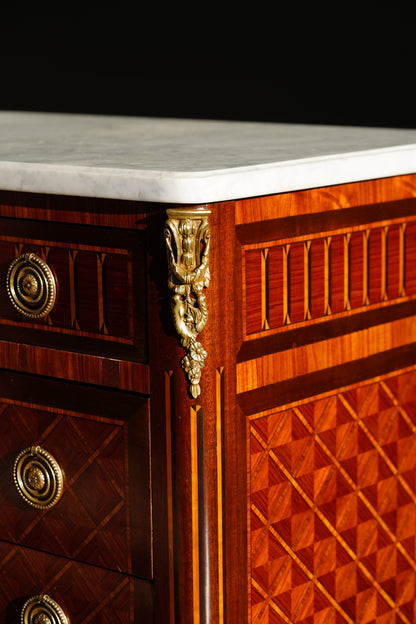 Antique French Louis XVI Parquetry Commode with Marble Top