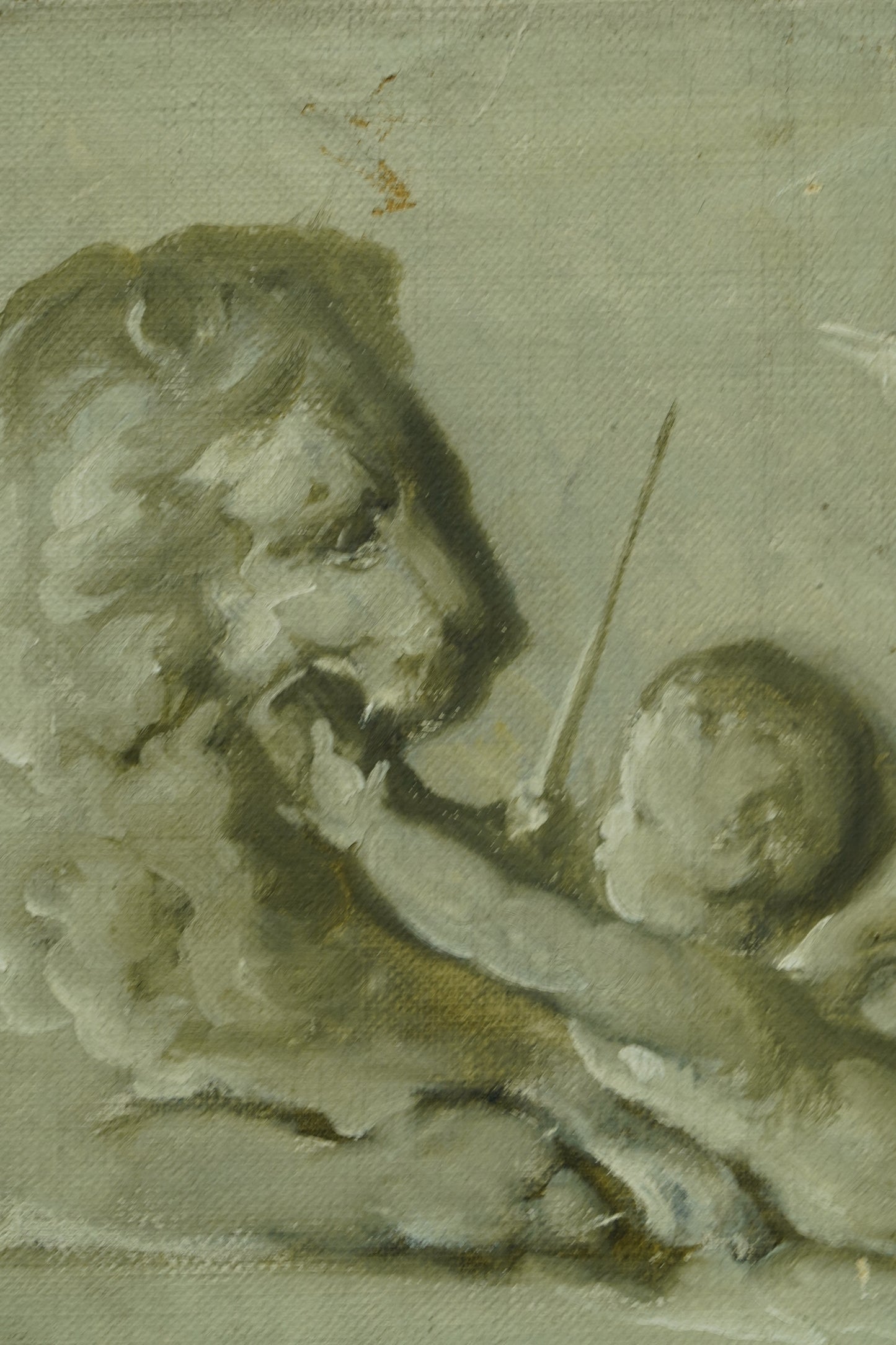 Antique Belgian Cherub Oil Painting, Putti and Lion Grisaille Panel