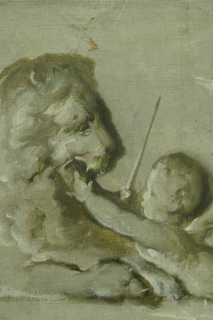 Antique Belgian Cherub Oil Painting, Putti and Lion Grisaille Panel
