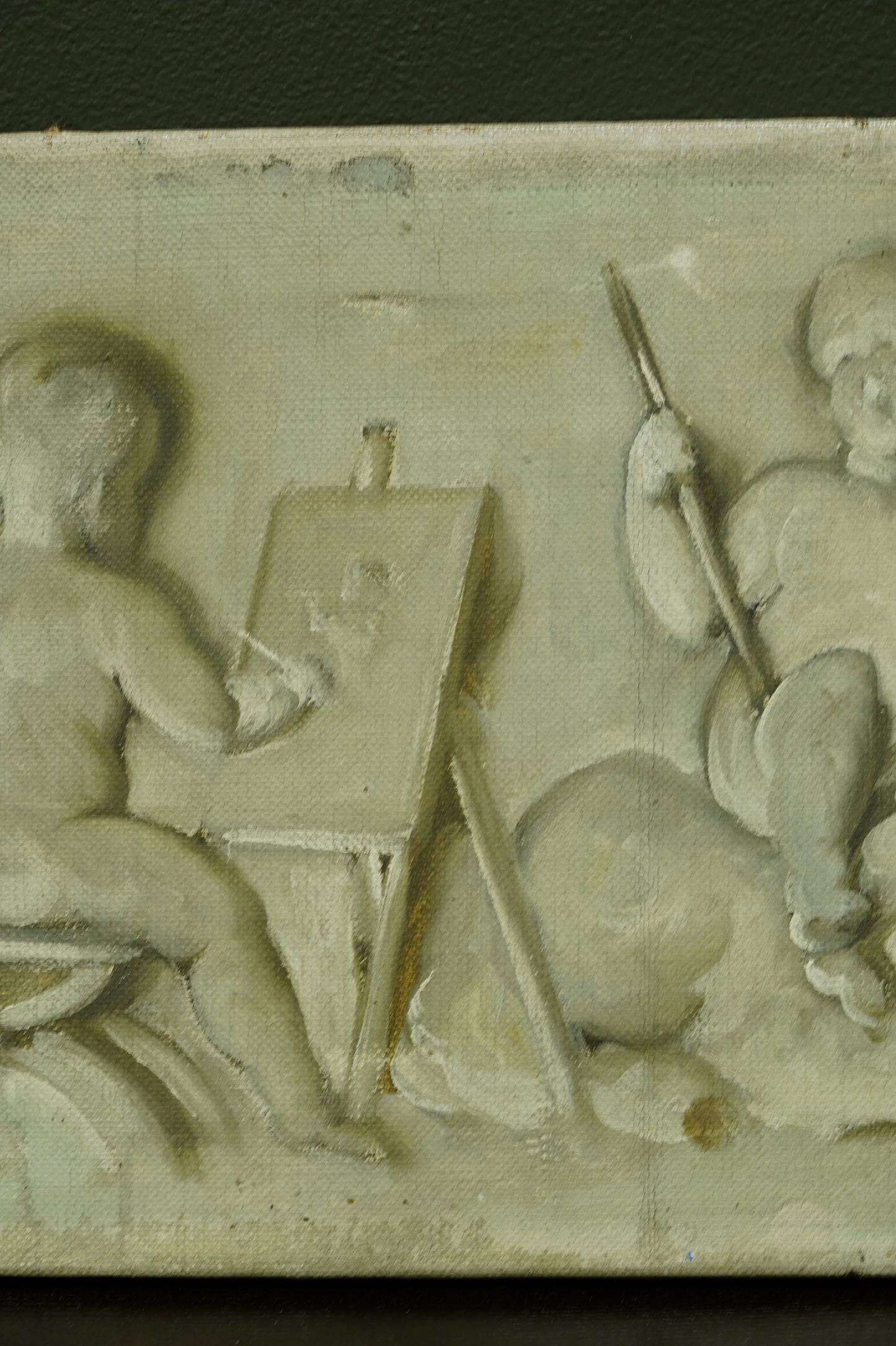 Antique Belgian Cherub Oil Painting, Putti and Lion Grisaille Panel